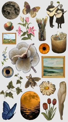 an assortment of art work including flowers and pictures