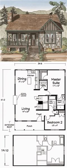 two story house plans with one bedroom and living room on the first floor, while another has