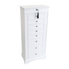 a white cabinet with five drawers and a black tag on the door handle that is attached to it