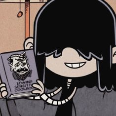 a cartoon character holding a book in her hand and smiling at the camera with an evil face on it