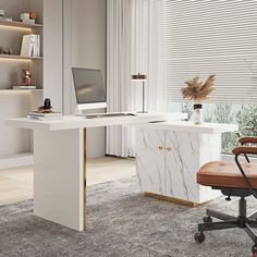 an office with a marble desk and chair