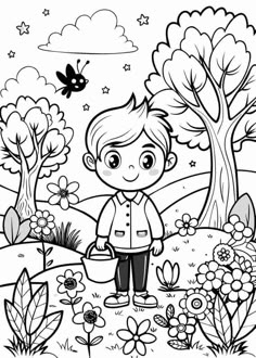 a boy in the park with flowers and trees coloring page for children, black and white