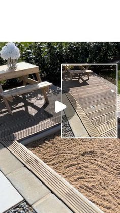 a wooden table sitting on top of a grass covered field