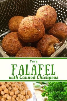 falafel with canned chickpeas and parsley on the side in a colander