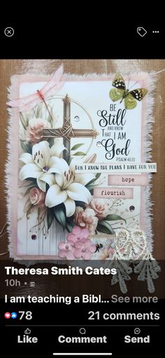 an image of a cross with flowers on it and the words, be still i am god