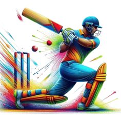 an artistic painting of a cricket player hitting the ball with his bat and wearing blue pants