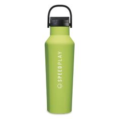 a green water bottle with the words speedplay on it and a black lid is shown