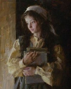 a painting of a girl holding a book