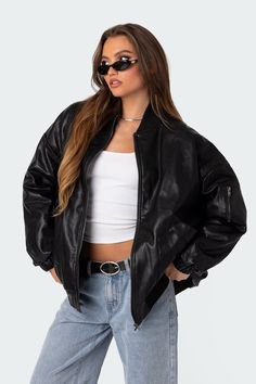 PRODUCT INFO Bomber Jacket Oversized Fit Functional Pockets Zipped Arm Pockets Faux Leather Model wears size S Model height is 5'8 Item care: Hand wash Hailey Bieber Jacket Outfit, Outfits With Black Jacket, Cool Leather Jackets, Leather Jacket Over Dress, Winter Leather Jacket Outfit, Black Jacket Outfits, Black Jacket Outfit Women, Nz Outfits, Fbi Jacket