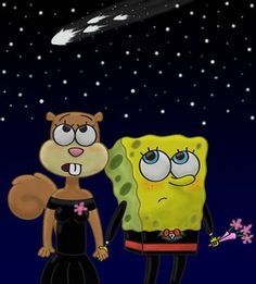 an animated image of spongebob and her friend in the night sky with stars