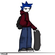 a drawing of a person with a backpack and skateboard in his hand, standing