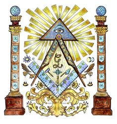 the masonic symbol is surrounded by ornate columns and an eye in the center, as well as other symbols