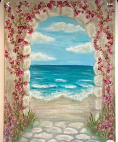 a painting of a beach scene with pink flowers on the arch and blue ocean in the background