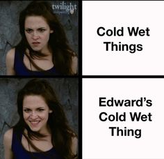 four different pictures of a woman with long hair and the words cold wet things edward's cold wet thing