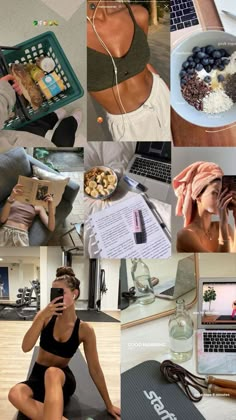 a collage of photos with various items in the middle and one woman on her cell phone