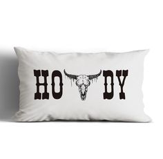 a pillow with the word hodgy printed on it and a bull's head