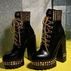 Black boot with gold studded accents and chunky heel. Comfy and easy to walk in. Edgy Boots, Not Invited, Gold Boots, Platform Heels Boots, Cute Shoes Heels, Platform Block Heels, Studded Boots, Platform Ankle Boots, Pretty Shoes