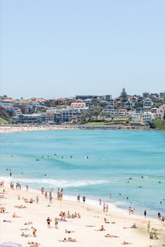 many people are on the beach and in the water