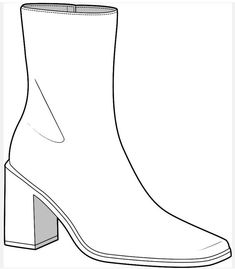 a drawing of a boot with the heel up and side zips down, in black and white