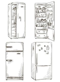 four refrigerators with doors open and one door closed - food objects clippings