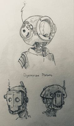 three sketches of different types of robot heads, one with a helmet and the other with an eyeball