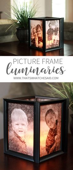 an open photo frame sitting on top of a table next to a potted plant