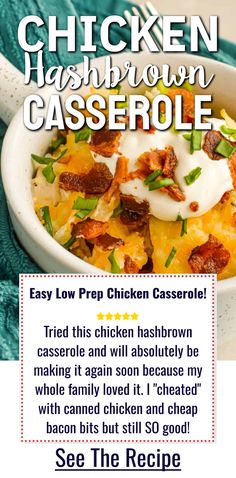 the recipe for chicken hashbrown casserole is shown in this advert