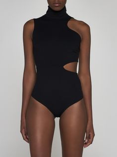 Wolfords Warm Up bodysuit in black stretch jersey featuring high neck, side cut-outs, zip fastening at center back and logo printed on the back. Composition: 60% polyamide 40% elastane Zegna Shoes, Golden Goose Deluxe Brand, Jeans Jumpsuit, Sneaker Brands, Yoga Wear, Skirt Suit, Tory Burch Shoes, Luxury Women, Black Stretch