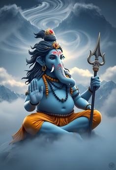 the lord ganesha is sitting in the clouds with his sceptacle and staff