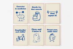 four square coasters with blue and white illustrations on them, each depicting different types of exercise