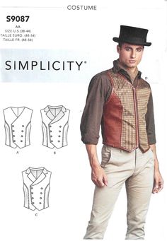 UNCUT/Factory Folded Simplicity Pattern 9087   COPYRIGHT 2021 MEN'S SIZES  -  46   48   50   52 Patterns and instructions for lined CORSET vests, criss cross tied going up the back. . Most of my patterns have been in storage for 10-15 years in jam packed pattern cabinets.  The envelopes may be wrinkled, crinkled, slightly yellowed from age, beginning to fray on the sides or have a tiny tear or two.  The scanned picture is  what the envelope looks like.  If an envelope has seen better days, I wil Vest Sewing Pattern, Corset Vest, Better Days, Simplicity Patterns, Better Day, Mens Vest, Criss Cross, Envelope, Pattern