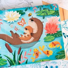 an image of two otters playing in the water with flowers and butterflies on it