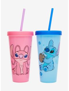 two plastic cups with cartoon characters on them, one is pink and the other is blue