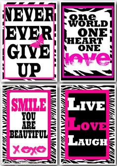 four pink and black posters with zebra print on the front, one saying smile you are beautiful