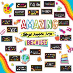 the poster for amazing things happen here because it's colorful and has lots of stickers on it