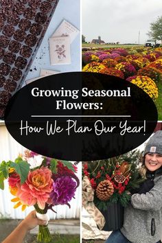 a collage of flowers with the words growing seasonal flowers how we plan our year