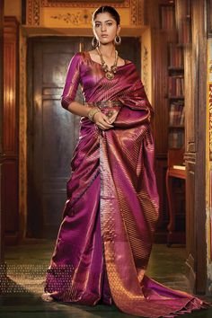 Product Features: Saree Color: Dark Pink Blouse Color: Dark Pink Saree Fabric: Kanjivaram Silk Blouse Fabric: Kanjivaram Silk Pattern & Print: Woven Design Pattern: Printed Border: Gold Zari Base Handloom Weaving Wash Care: Hand Wash Occasion: Traditional Product Type: Saree Disclaimer: There will be slight difference in digital to actual image Pink Blouse Work, Dark Pink Blouse, Latest Sarees Online, Purple Saree, Handloom Weaving, Silk Weaving, Latest Indian Saree, Beautiful Sarees, Lehenga Choli Online