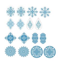 blue and white snowflakes are arranged on a white background, each with different designs