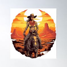 a woman riding on the back of a horse in front of an orange sunset poster