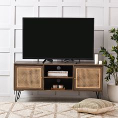 a flat screen tv sitting on top of a wooden entertainment center next to a potted plant