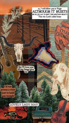 a collage of various items including an elephant, guitar and other things