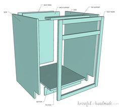 the bottom part of a cabinet with its door open and shelves labeled in blue ink