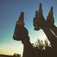 two people holding up beer bottles in front of the sun with trees in the background