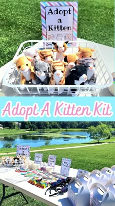 a table with stuffed animals on it and the words adopt a kitten written in white