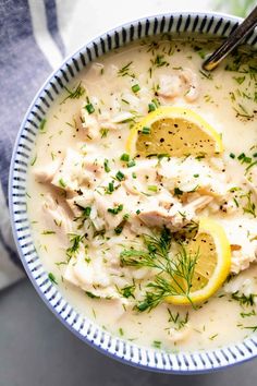 a bowl filled with chicken and lemon soup