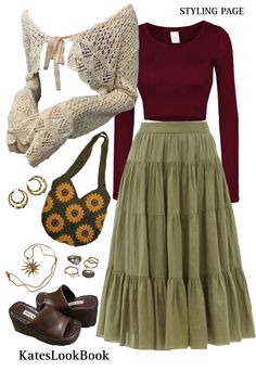 Brown Pants Summer Outfit, How To Style A Tunic Top, Earth Colour Outfit, Earthy Outfits Pants, Long Brown Skirt Outfit Ideas, Orange Maxi Skirt Outfit, Brown And Orange Outfit, Orange And Brown Outfit, Long Brown Skirt Outfit