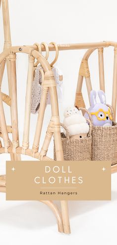 doll clothes in baskets on a wooden rocking chair with the words doll clothes written above it