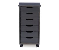 a black drawer with five drawers and wheels on the bottom, in front of a white background