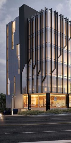 an architectural rendering of a modern building in the city at night with street lights on