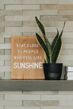 a sign that says stay close to people who feel like sunshine on a shelf next to a potted plant